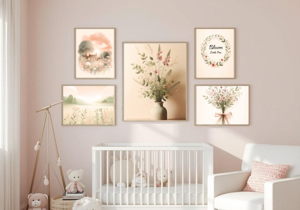Cottagecore nursery wall art set, baby girl nursery decor ,wildflower gallery set (6 prints) .