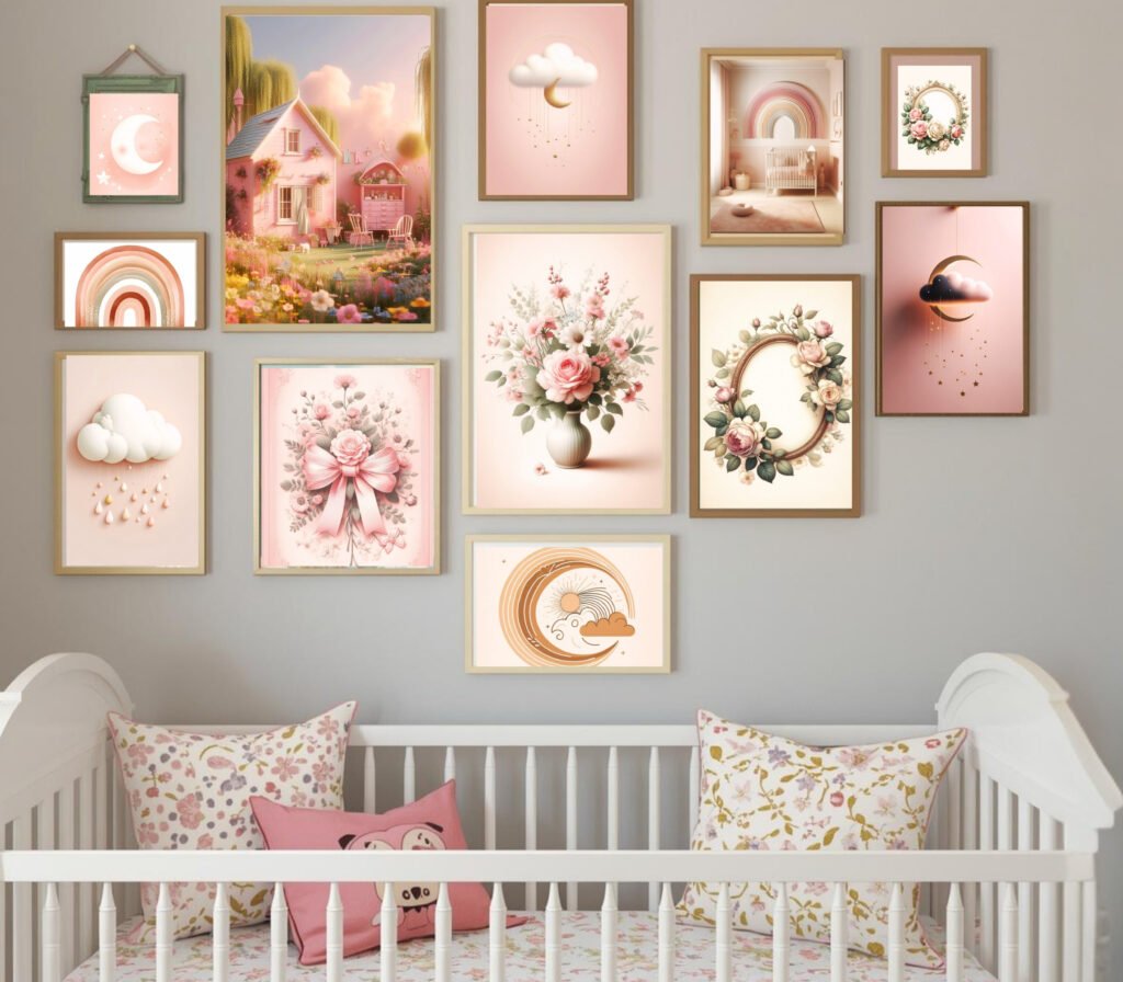 Pink nursery gallery wall set: vintage girl room decor, digital download.