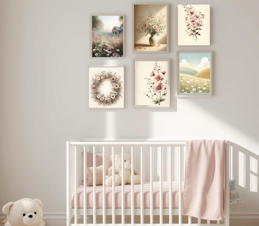 Vintage wildflower nursery prints set of 8, perfect for a sweet girls’ room or gallery wall. This printable floral art bundle is an instant digital download