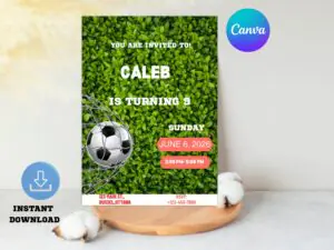 Mockup1 Editable soccer birthday invitation with grass field and goal net, free Canva template download