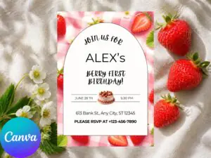 Mockup1 “Editable strawberry first birthday invitation template with watercolor strawberries, Sweet One design, printable 5×7 layout and mobile version