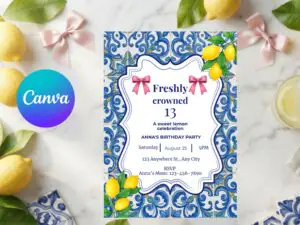 Editable lemon Sweet 13 birthday invitation with citrus design, Mediterranean tile pattern, matching phone invite and thank‑you card