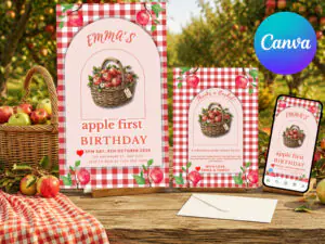 Mockup1 Editable Apple Orchard first birthday invitation, red gingham picnic theme, printable and phone-friendly Canva template